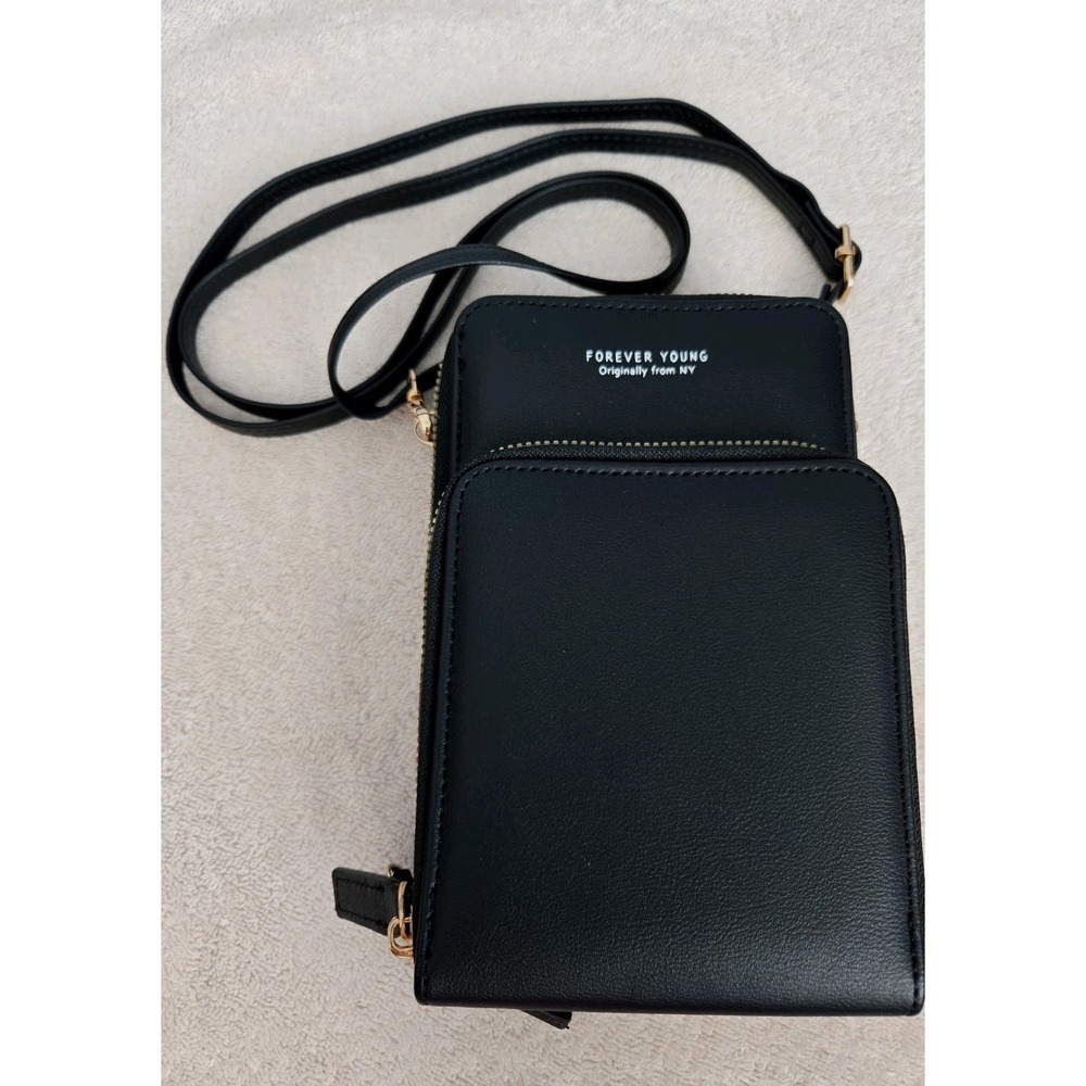 Forever Young Women's Crossbody Phone Bag Wallet Purse Black Faux Leather 3 Zip